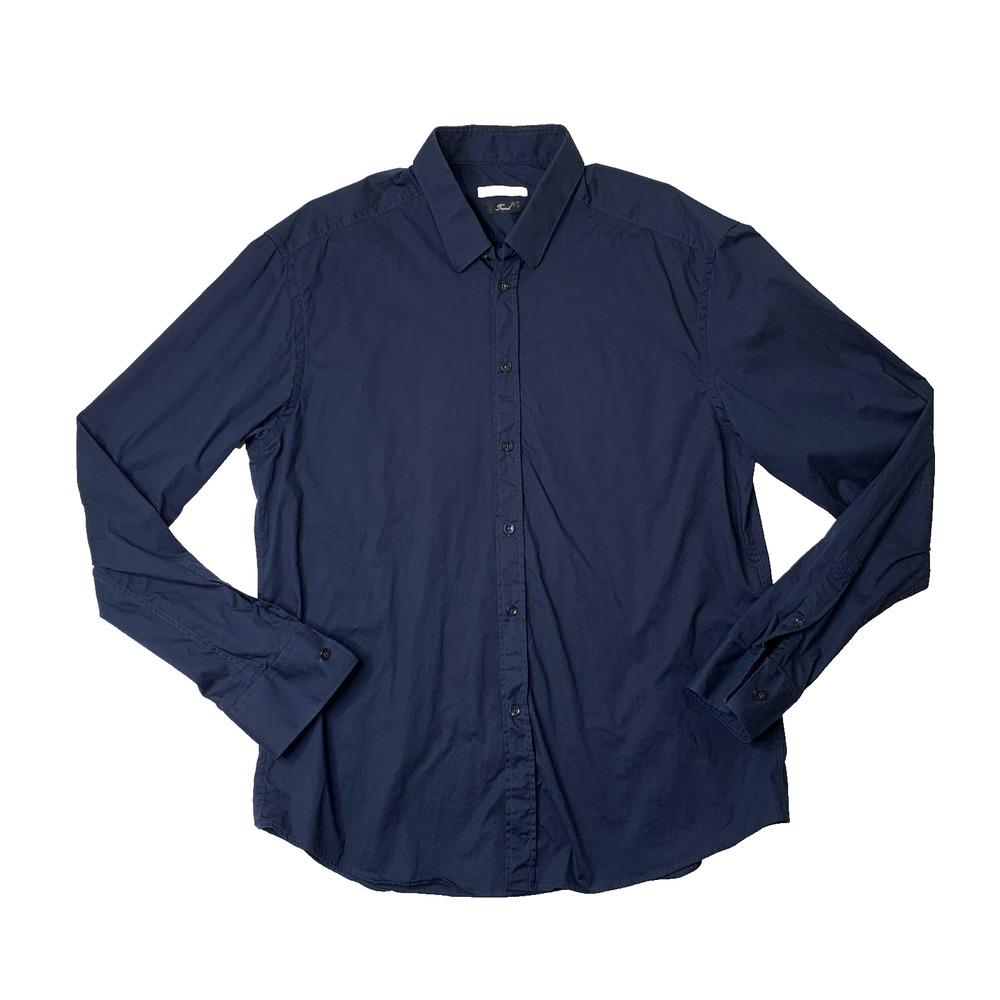 Versace Collection Shirt Men 18 Slim Navy Trend Cotton Stretch Long Sleeve Dress